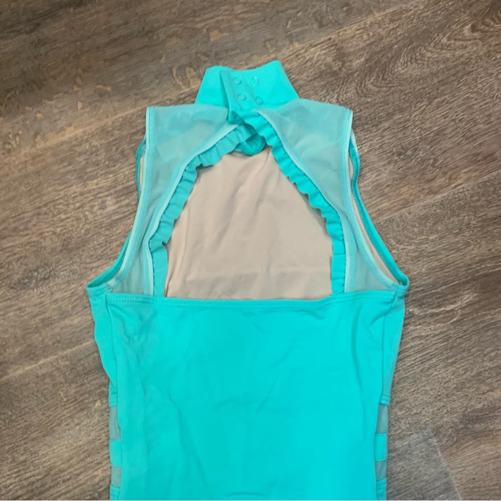 🩰 Balera Mock Neck Ruffle Detail Mesh Insert Leotard For Dance X Small Aqua 🩰 - Picture 7 of 11